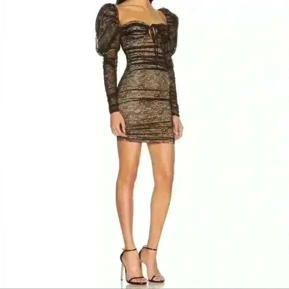 MAJORELLE MARIJA x Revolve Oversized Puff Sleeve Lace Mini Dress Black Nude XS - Picture 5 of 16